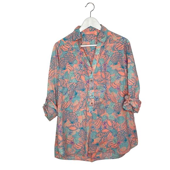 fresh produce Tops - Fresh Produce Size M Pink & Blue Seashell Sanddollar Popover Lightweight Shirt